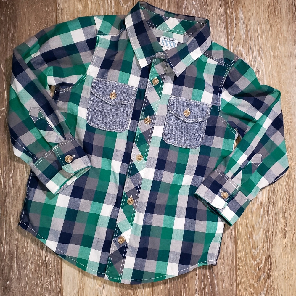 Green and Blue Plaid Kids Button Down Casual Dress Shirt Size 4T